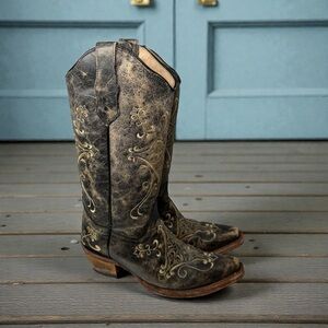 Circle G Black Crackle Bone Embroidered  Distressed Leather Cowboy Boots